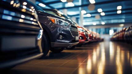 In the car showroom, all kinds of new cars are arranged neatly, Extreme closeup, long exposure, new objectivity, 16k, hyper quality