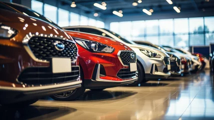 Fotobehang In the car showroom, all kinds of new cars are arranged neatly, Extreme closeup, long exposure, new objectivity, 16k, hyper quality © sambath