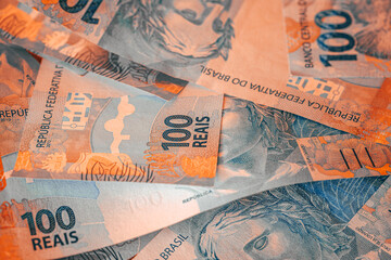 Brazil money, Financial concept, Brazilian 100 reais banknotes, Abstract fiery colors, Economics...