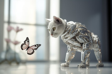 Portrait of a white and gray cybernetic cat playing with butterfly, close up, interior
