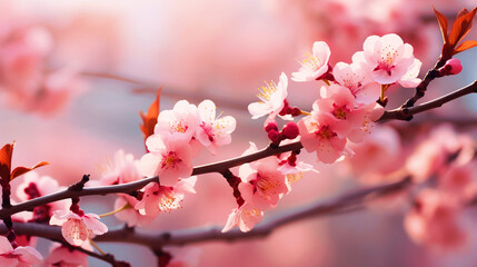 Obraz premium Close up cherry blossom tree branch photo with pink flowers - ai generative