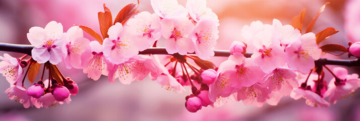 Close up cherry blossom tree branch photo with pink flowers - ai generative - obrazy, fototapety, plakaty