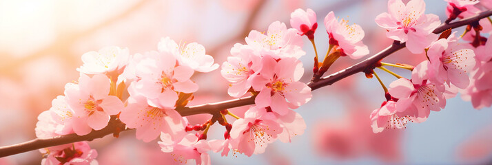 Close up cherry blossom tree branch photo with pink flowers - ai generative