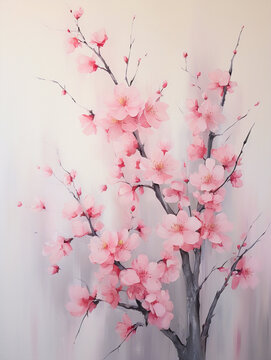Close up cherry blossom tree branch photo with pink flowers - ai generative