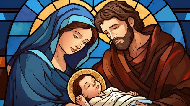 Picture of mary, joseph and baby jesus in art style 