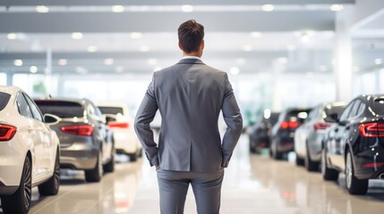 Rear view of a car salesman in a suit looking at numerous defocused vehicles of various colors in a bright white car dealership