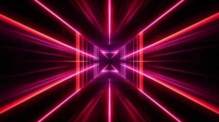 Abstract background, hyper jump. Grids neon glow light lines design on perspective floor, 3d technology abstract neon light background. Abstract flight in retro neon hyper warp space in the tunnel.