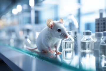 Awareness and healthcare, medicine development, forbidden tests on animals concept. Small white laboratory mouse with dark eyes in on metal lab office looking in camera - obrazy, fototapety, plakaty