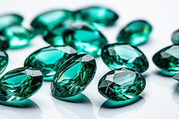 Precious green emerald crystals on white background
