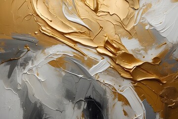  Closeup of abstract white and gold, silver texture background. Oil, acrylic brushstroke, pallet knife paint on canvas. Art Canvas Banner.