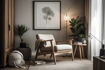 Light chill interior with armchair and drawer with decoration, mockup frame. Generative AI