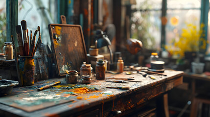 Fototapeta na wymiar aesthetic painting equipment on the table