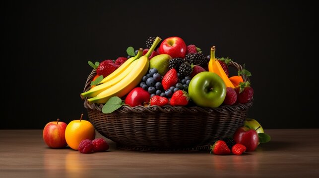  a selection of colorful fruits in an elegant basket, the simplicity of the arrangement accentuating the natural beauty and freshness of the fruits, creating a timeless and captivating image.