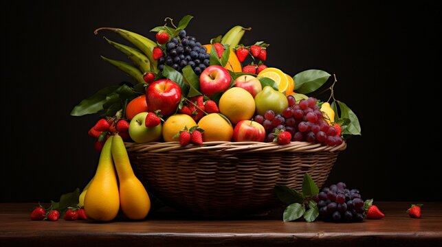  a selection of colorful fruits in an elegant basket, the simplicity of the arrangement accentuating the natural beauty and freshness of the fruits, creating a timeless and captivating image.