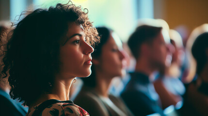 Attentive woman in audience at a lecture or conference.
Shallow field of view. - obrazy, fototapety, plakaty