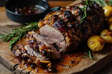 Foto op Plexiglas Close-up of roasted lamb meat, dish on a board © Sergio