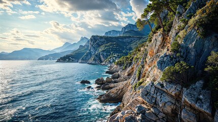 bord de mer rocheuse de la côte méditerranéenne par beau temps  - obrazy, fototapety, plakaty