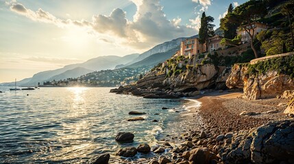 bord de mer rocheuse de la côte méditerranéenne par beau temps  - obrazy, fototapety, plakaty