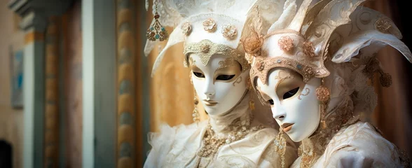 Poster  venice carnival couple at Masquerade ball at Venice with ornate masks and luxury costumes, horizontal banner, copy space for text © XC Stock