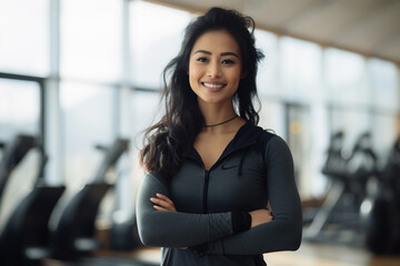 Fitness, exercise fitness gym selfie portrait of woman happy about workout, training motivation, body wellness. Asian sports female athlete smile for blog inspiration and progress post - obrazy, fototapety, plakaty
