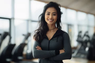 Tuinposter Fitness Fitness, exercise fitness gym selfie portrait of woman happy about workout, training motivation, body wellness. Asian sports female athlete smile for blog inspiration and progress post