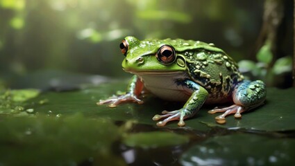 Naklejka premium Green frog on a leaf. Generative AI.