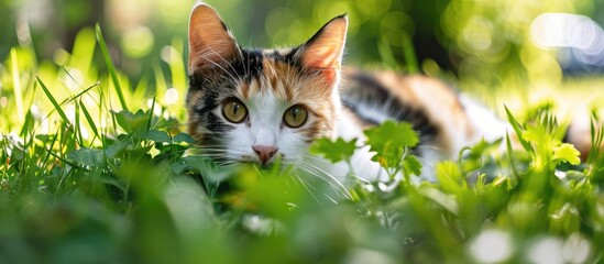 A tricolor pussycat is among bright green grass on a sunny summer day, in the backyard. Lost pets...