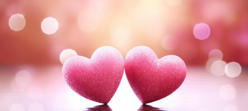 Two pink hearts on table with bokeh lights and glitter
