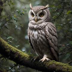 Fototapeta premium Close-up of an owl on a tree branch in the forest. Generative AI
