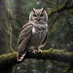 Close-up of an owl on a tree branch in the forest. Generative AI