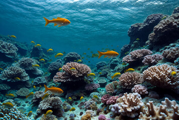 Naklejka na ściany i meble Undersea world. Lots of sea inhabitants. Fish and corals. Generative AI