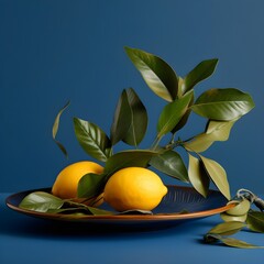 lemon with its leaves hanging on dish on  blue background generative ai