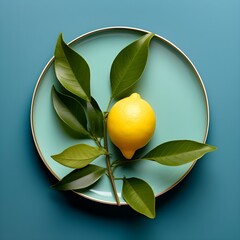 lemon with its leaves hanging on dish on  blue background generative ai