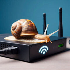 A a snail on wifi router on solid background, concept bad internet. ai generative - obrazy, fototapety, plakaty