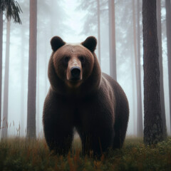 A large brown bear standing in the middle of a foggy forest. ai generative