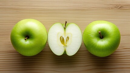 Green granny smith apples and half slice isolated on wood table background. 