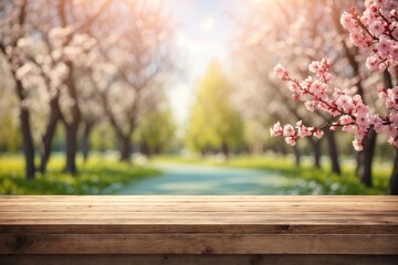 Naklejka na ściany i meble An empty wooden table for product display. blurred nature spring blooming trees background. ai generative
