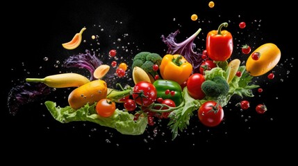 set falling vegetables and fruits isolated on white background.
