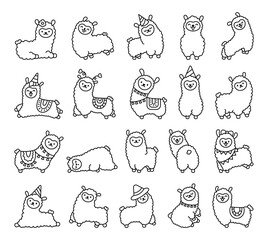 Cute kawaii little llama. Coloring Page. Cartoon funny alpaca, animals character. Hand drawn style. Vector drawing. Collection of design elements.