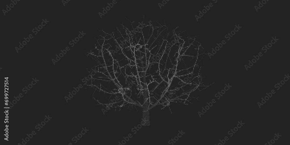 Poster Digital tree with sprouts and binary code. Connections growth. AI spread of data.