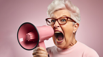 Assertive Senior Woman with Gray Hair Shouting into Megaphone - Close-up