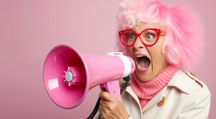 A woman with pink hair and glasses shouting into a megaphone close-up