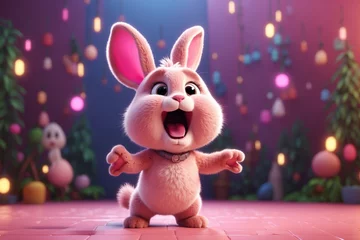 Poster Cute screaming 3D Cartoon rabbit character pink background. ai generative © Anna