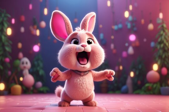 Cute screaming 3D Cartoon rabbit character pink background. ai generative