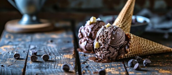 Two rocky road ice cream cones made with chocolate, resting on a wooden table.