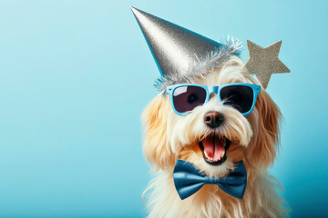 Funny Pet Celebrating, Cute dog in white Party Hat, bow tie and Sunglasses over blue background. ai generative - obrazy, fototapety, plakaty