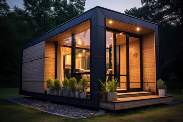 Modular residential house with modern compact interior design. Garden house made from recycled materials