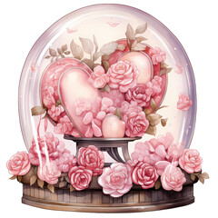 Rose snow globe, valentine snow globe, valentine day, watercolor illustration, pink paster