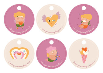 Set of St Valentines day vector tags. Printable design of  badge with hand drawn illustrations with Cupid, hearts, rainbow, ice-cream