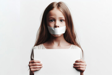 Little Girl with gagged mouth holding white poster on solid white background. ai generative